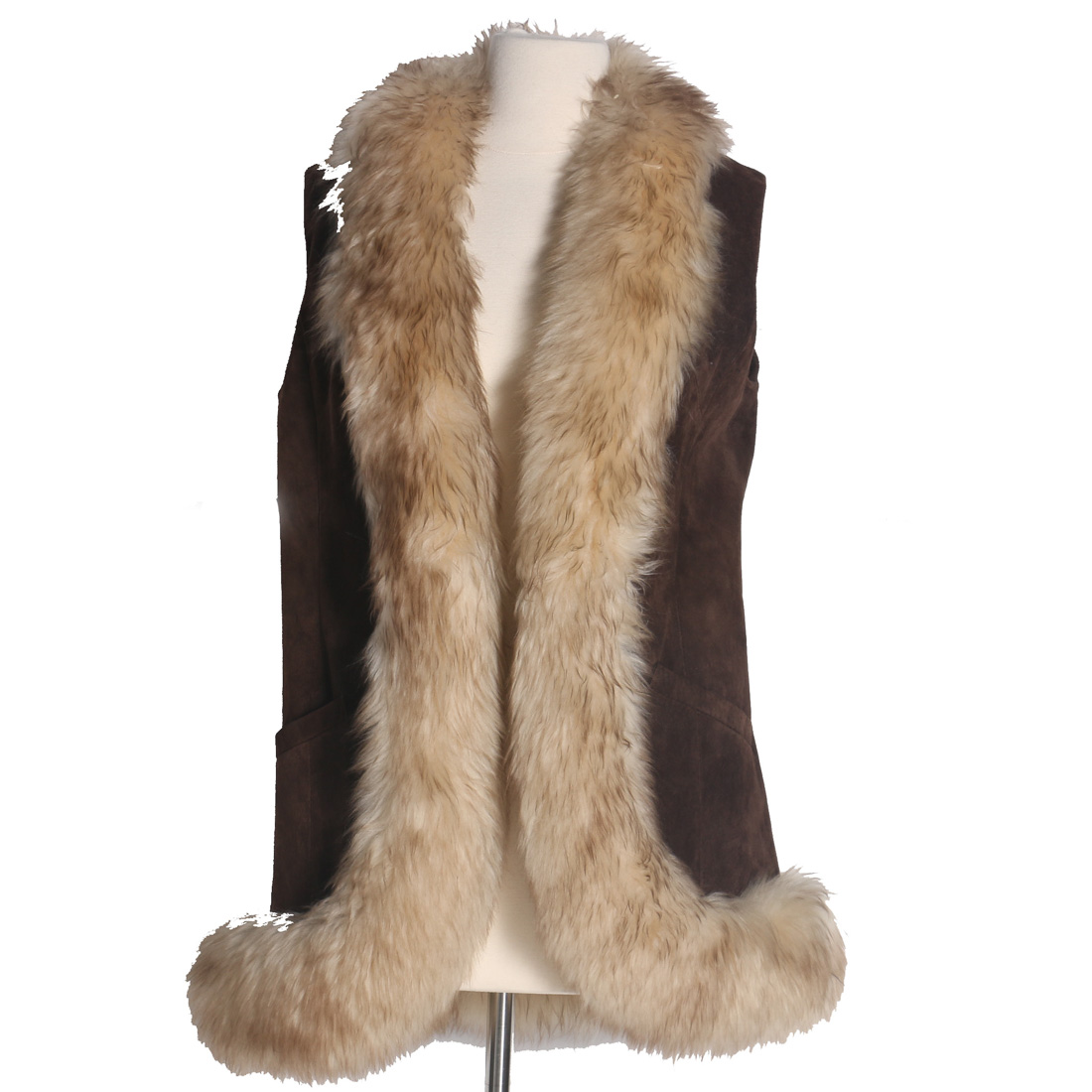 Vintage Brown Suede Vest with Fur Trim
