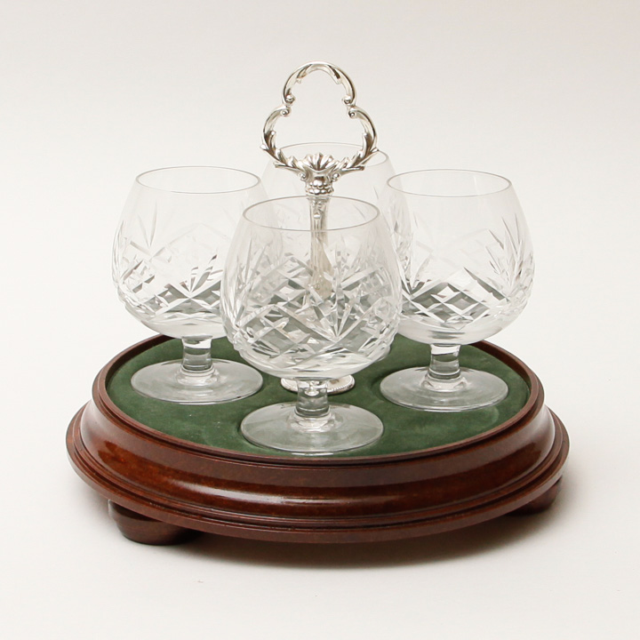 Vintage Crystal Cognac Set and Silver Plated Carrier