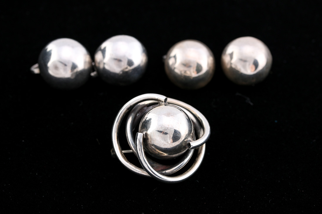 Stamped Sterling Silver Circular Earrings and Brooch
