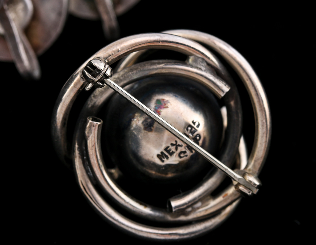 Stamped Sterling Silver Circular Earrings and Brooch