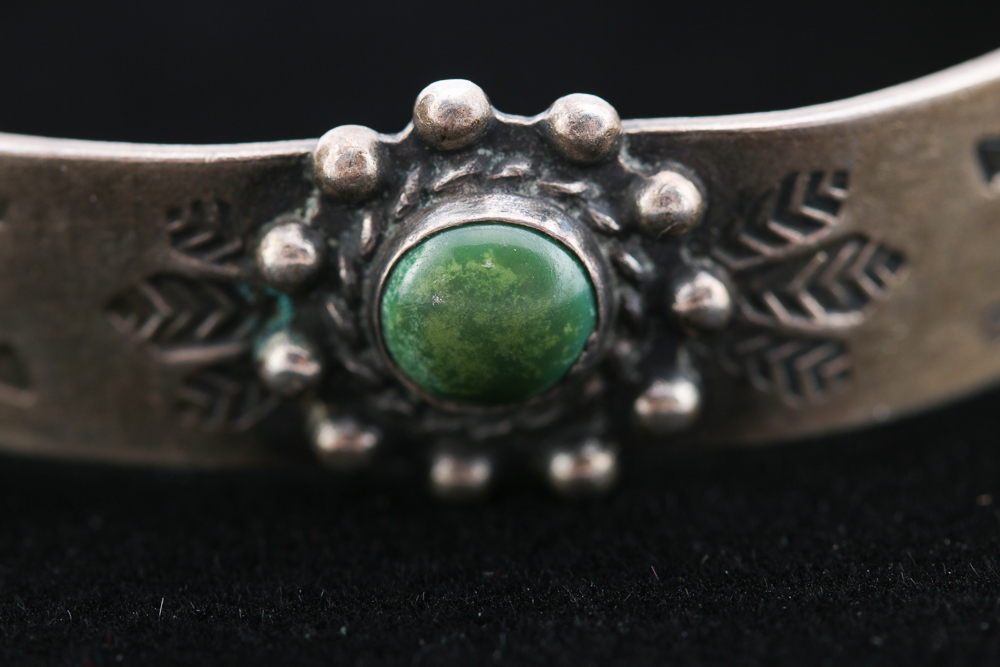 Native American Inspired Stamped Coin Silver Jasper Cuff Bracelet