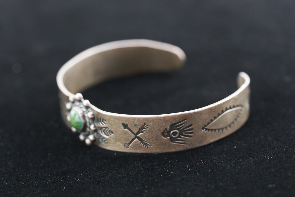 Native American Inspired Stamped Coin Silver Jasper Cuff Bracelet