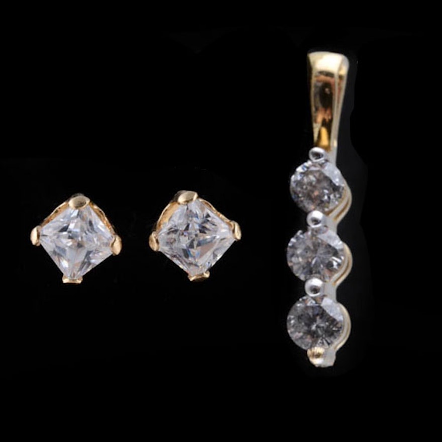 14K Gold Diamond Pendant and CZ Earrings
