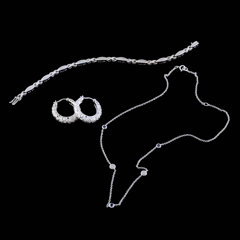 Sterling Silver Diamond Bracelet, Necklace and Earrings