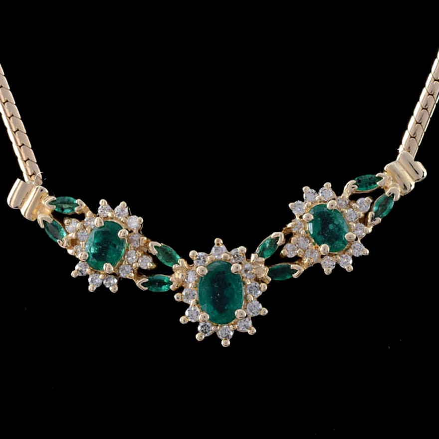 14K Gold Emerald Diamond Necklace