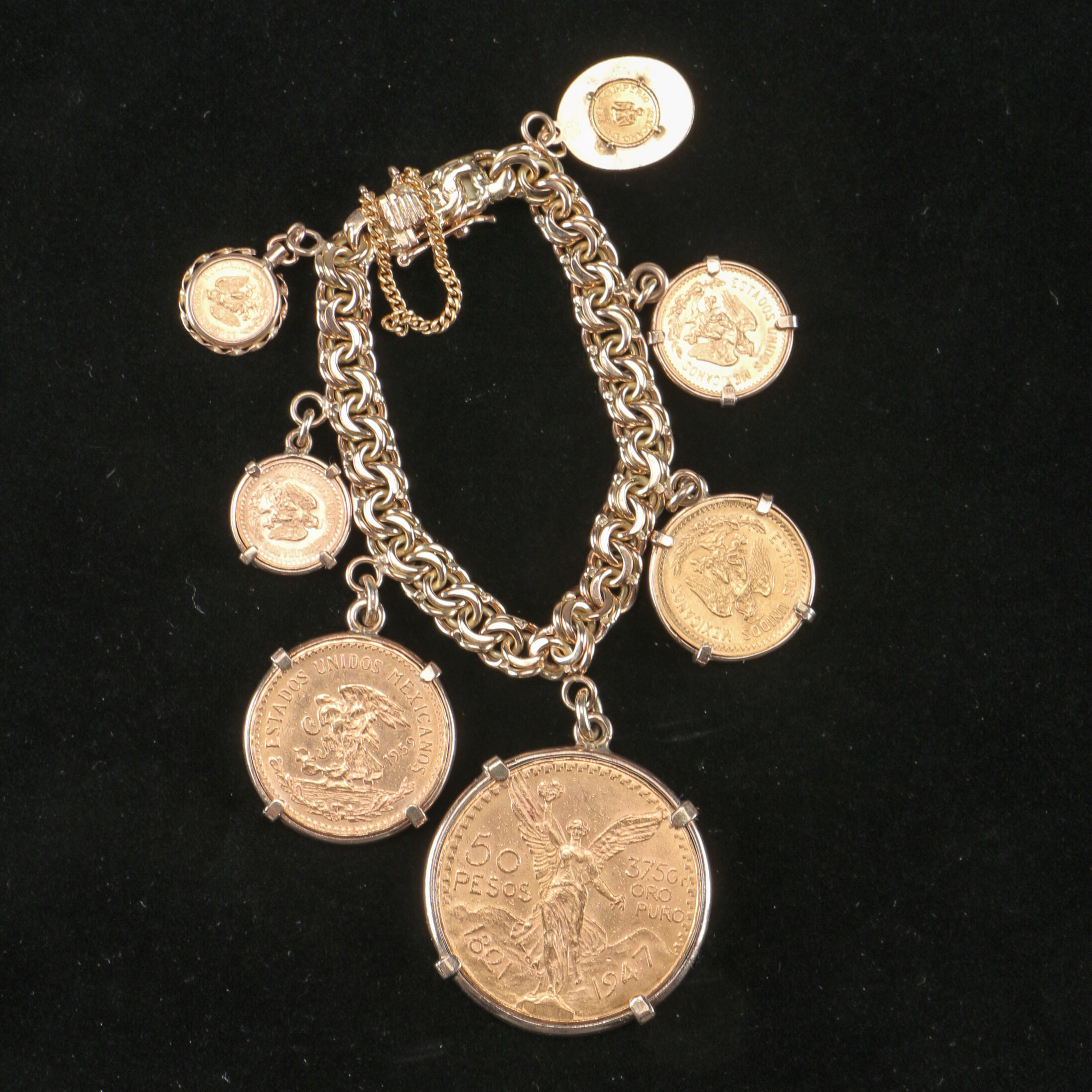 Stamped 14K Yellow Gold Mexican Coin Bracelet