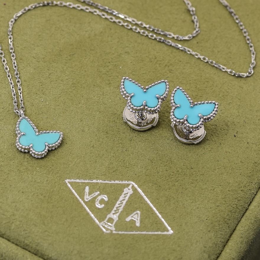 Van Cleef & Arpels "Sweet Alhambra" 18K White Gold and Turquoise Butterfly Jewelry Set