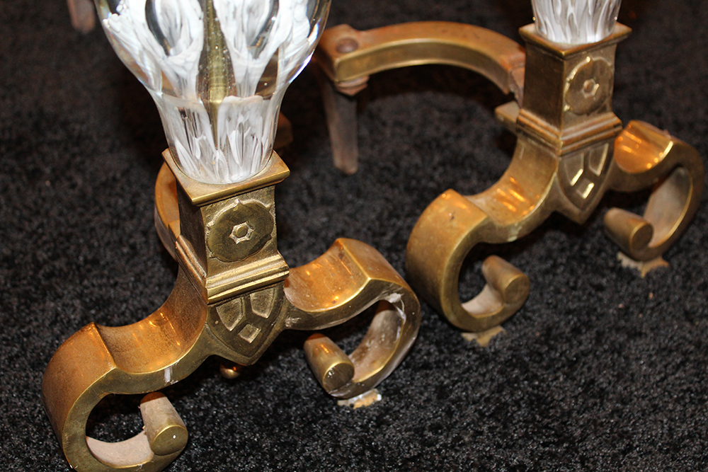 Zimmerman Glass Brass and Art Glass Andirons