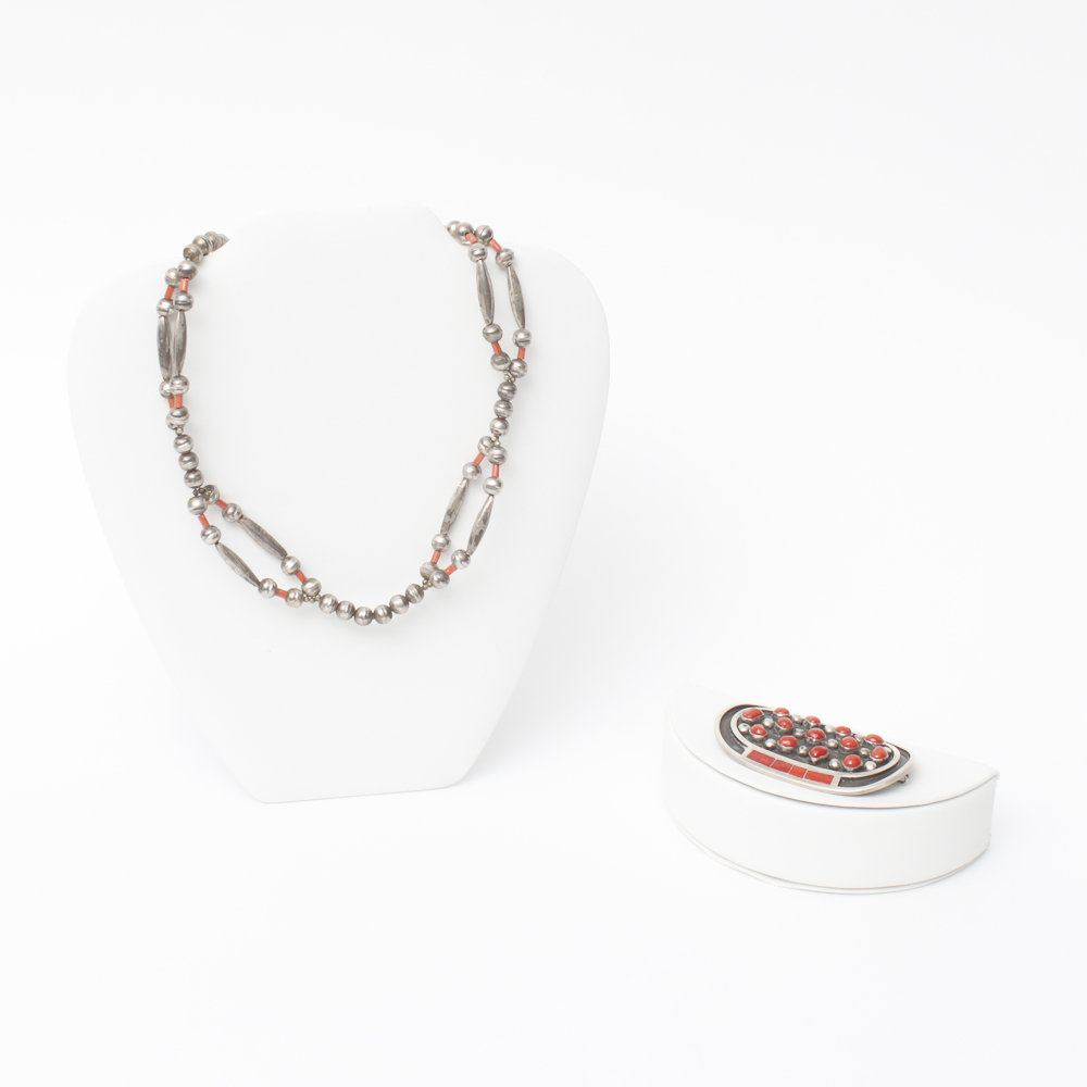 Signed Jobeth Mayes Zuni Native American Brooch and Necklace