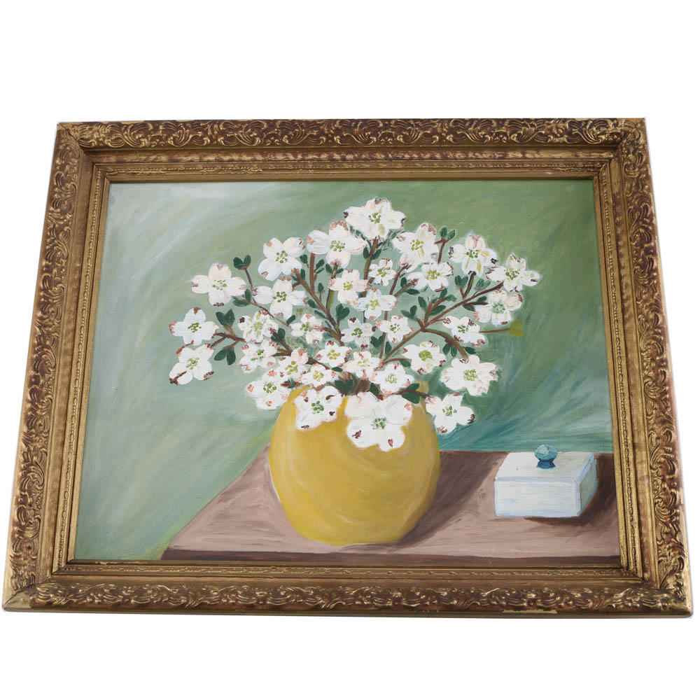 Original Folk Art Floral Still Life Painting of Dogwood Blossoms