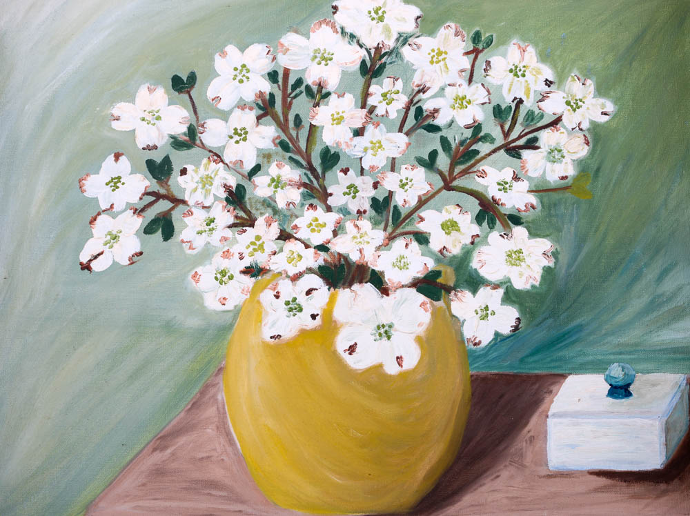 Original Folk Art Floral Still Life Painting of Dogwood Blossoms