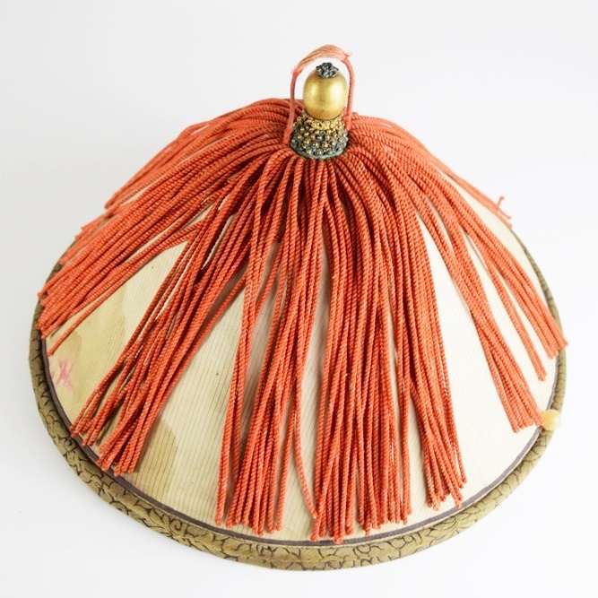 Qing Dynasty Mandarin Summer Hat in Silk with Red Tassel in Hand Woven Rattan Hat Box