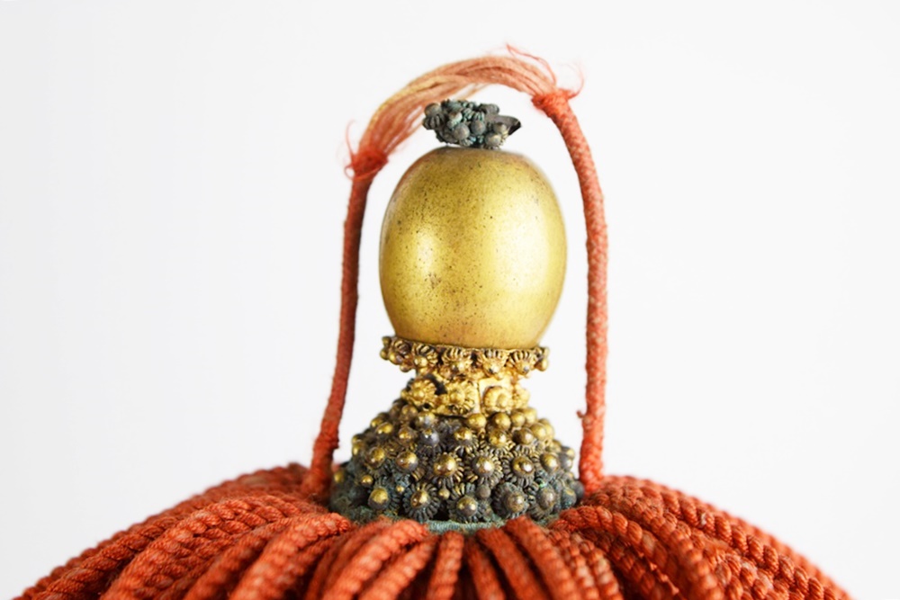 Qing Dynasty Mandarin Summer Hat in Silk with Red Tassel in Hand Woven Rattan Hat Box