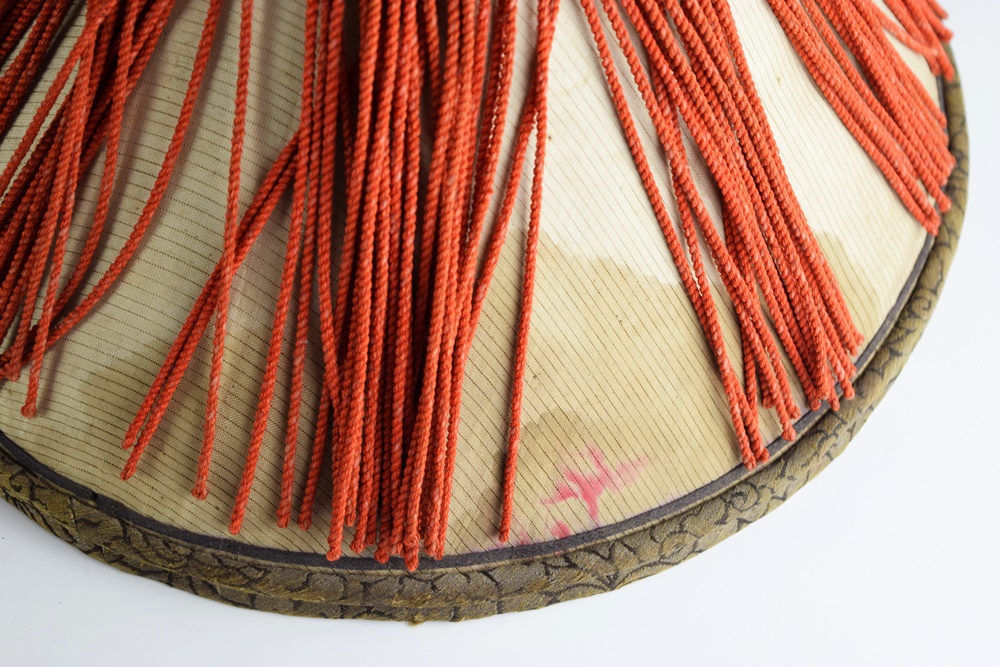 Qing Dynasty Mandarin Summer Hat in Silk with Red Tassel in Hand Woven Rattan Hat Box