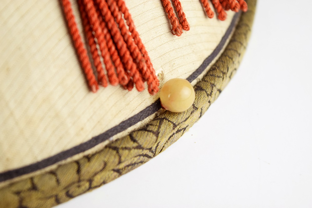 Qing Dynasty Mandarin Summer Hat in Silk with Red Tassel in Hand Woven Rattan Hat Box