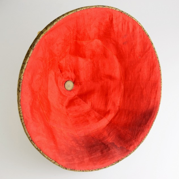 Qing Dynasty Mandarin Summer Hat in Silk with Red Tassel in Hand Woven Rattan Hat Box