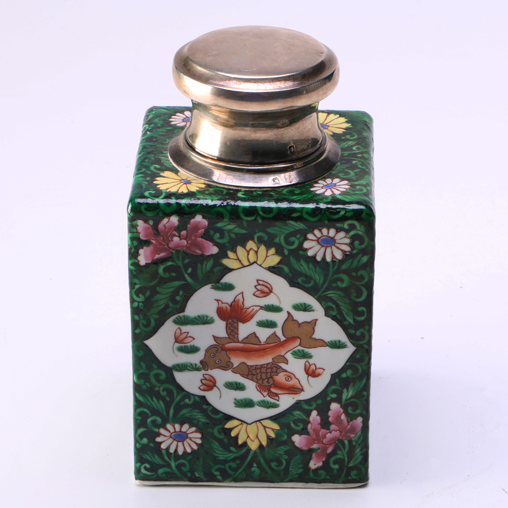 Porcelain Tea Caddy with Odiot Sterling Silver Lid
