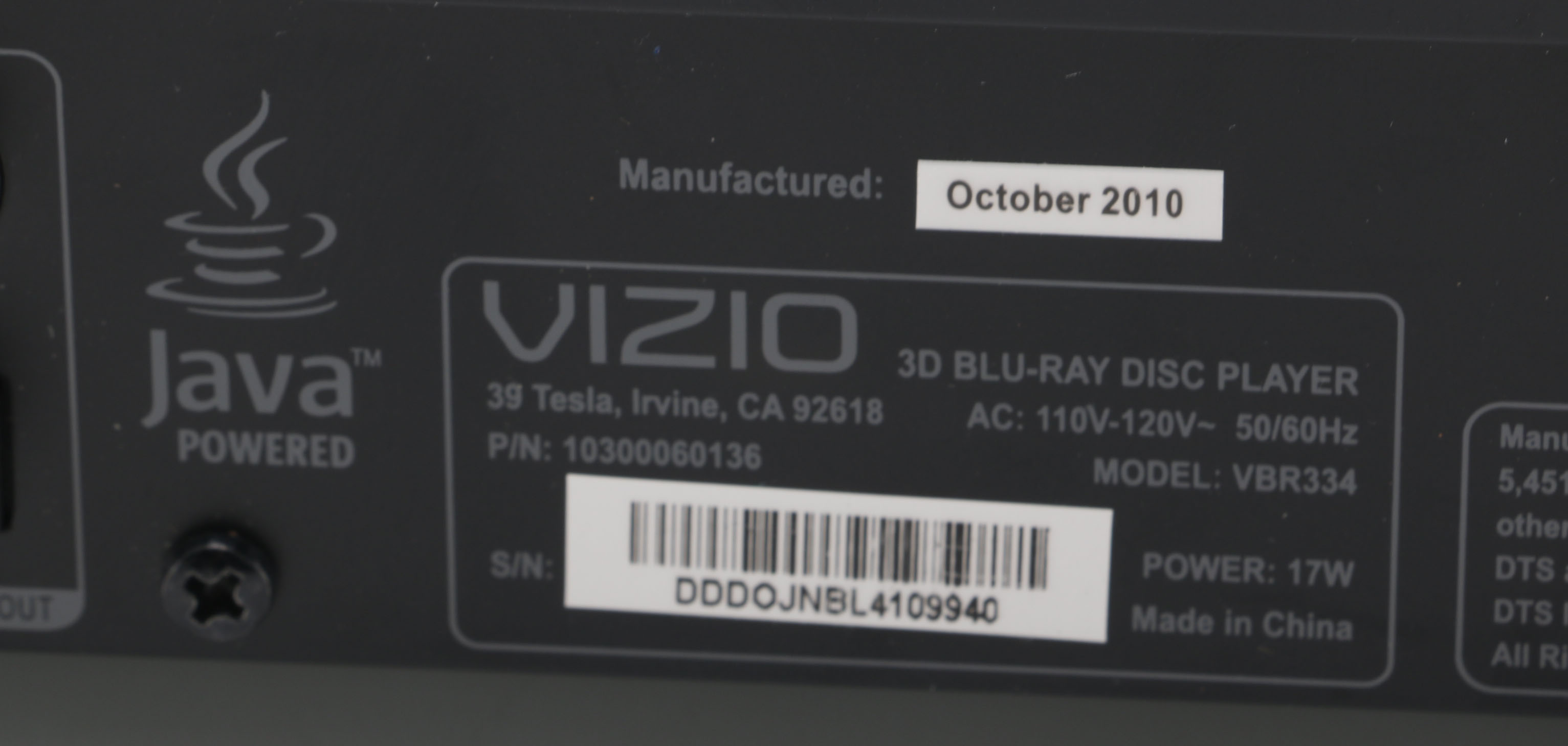 VIZIO VBR334 3-D Blu-ray Disc Player