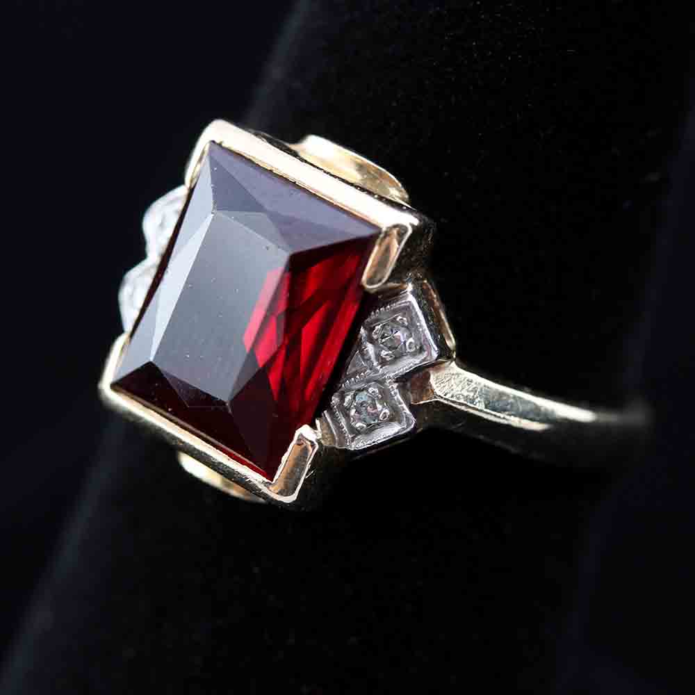 14K Yellow Gold Diamond and Ruby Deco Ring