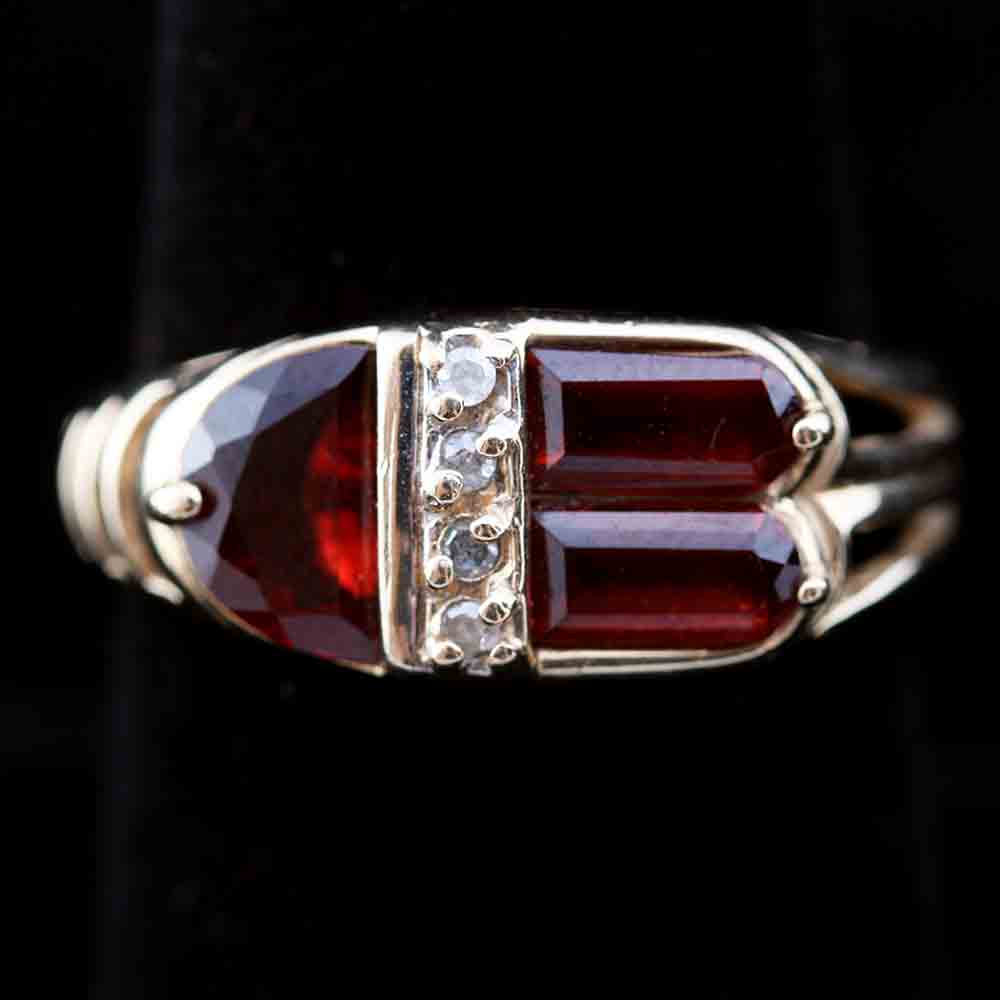 14K Yellow Gold Ring Garnet and Diamond