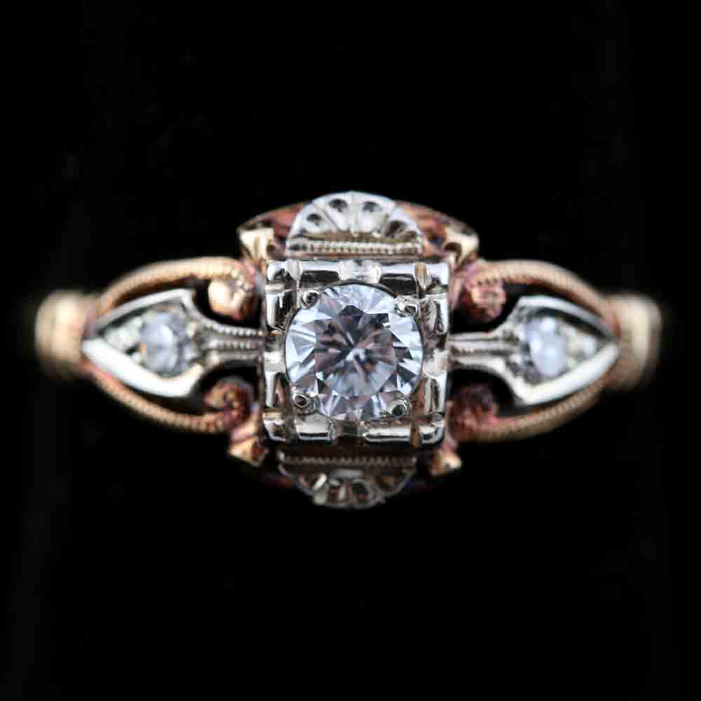 14K Three Tone Gold and Diamond Art Deco Ring