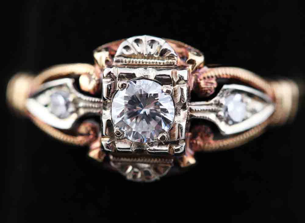 14K Three Tone Gold and Diamond Art Deco Ring