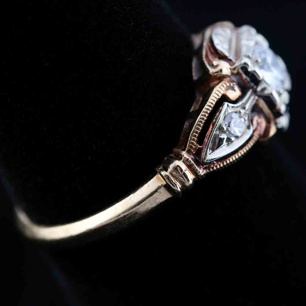 14K Three Tone Gold and Diamond Art Deco Ring