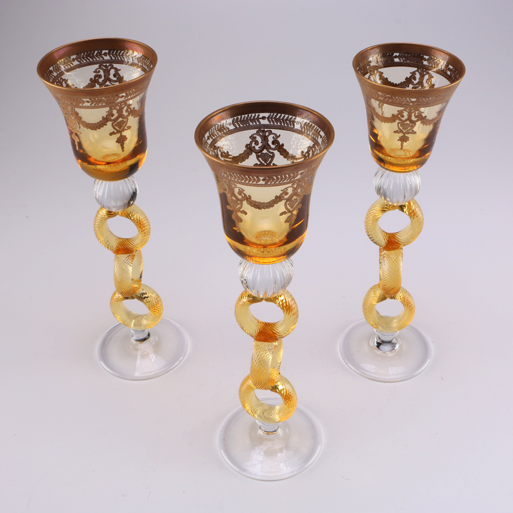 Ornate Venetian Amber and Clear Glass Wine Goblets