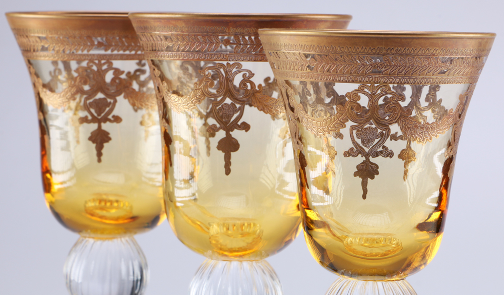 Ornate Venetian Amber and Clear Glass Wine Goblets