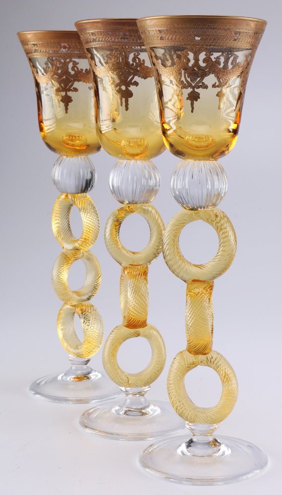 Ornate Venetian Amber and Clear Glass Wine Goblets