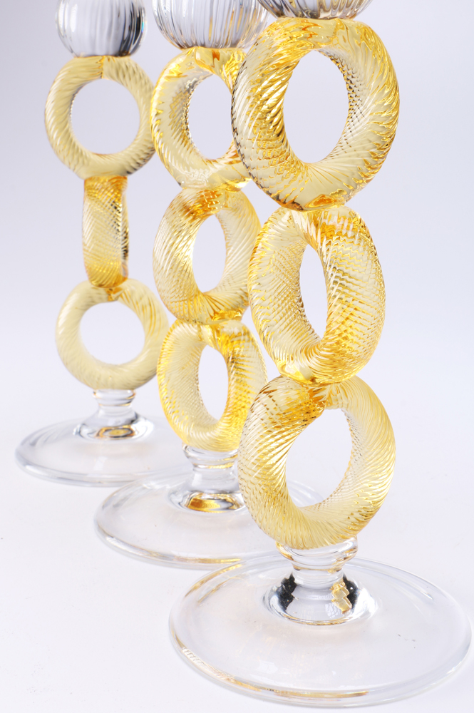 Ornate Venetian Amber and Clear Glass Wine Goblets