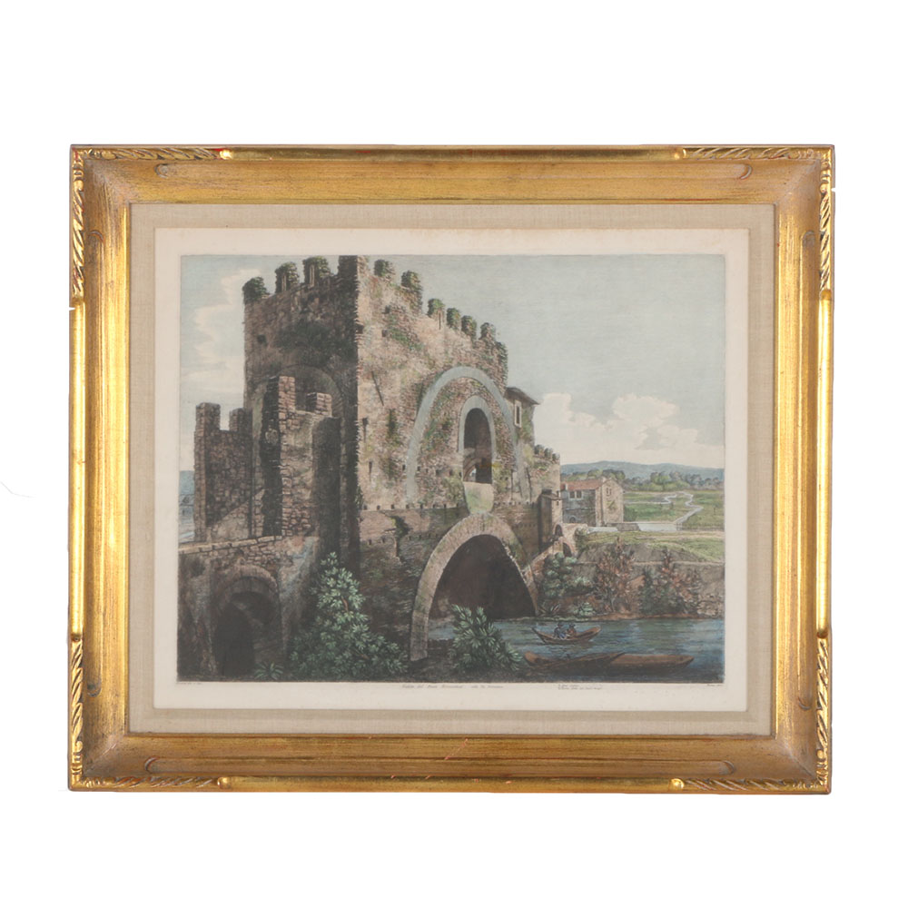 Luigi Rossini Hand Colored Engraving "Veduta Del Ponte Nomentano"