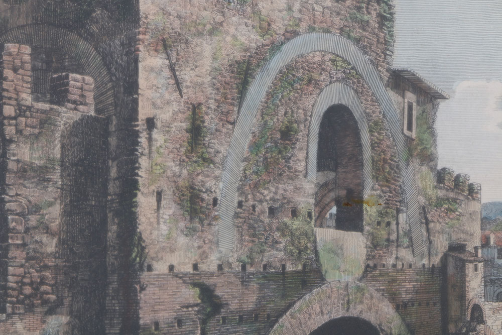 Luigi Rossini Hand Colored Engraving "Veduta Del Ponte Nomentano"