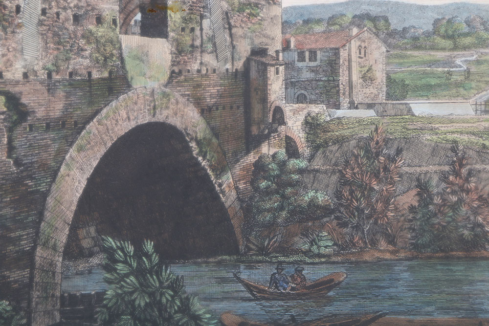 Luigi Rossini Hand Colored Engraving "Veduta Del Ponte Nomentano"