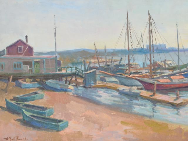 Chuck Fee Wong Oil Painting on Canvas "Bustling Pier"