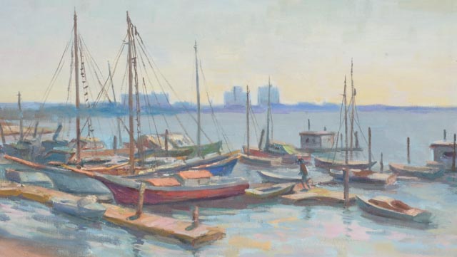 Chuck Fee Wong Oil Painting on Canvas "Bustling Pier"