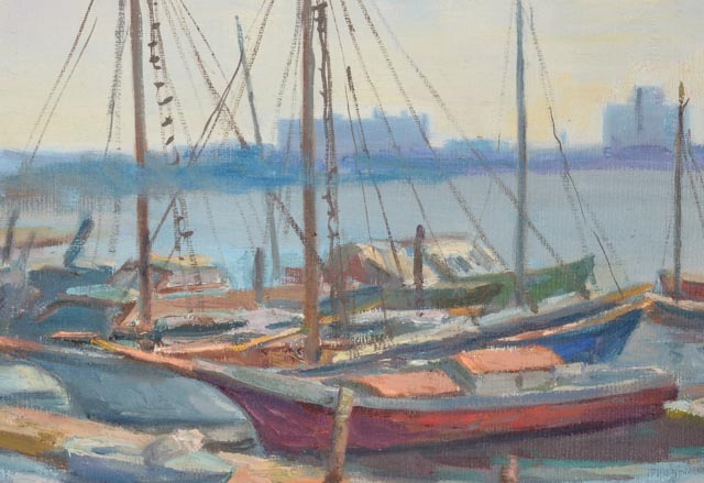 Chuck Fee Wong Oil Painting on Canvas "Bustling Pier"