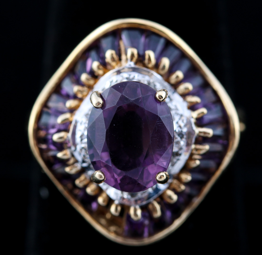 10K Yellow Gold Amethyst and Diamond Ring