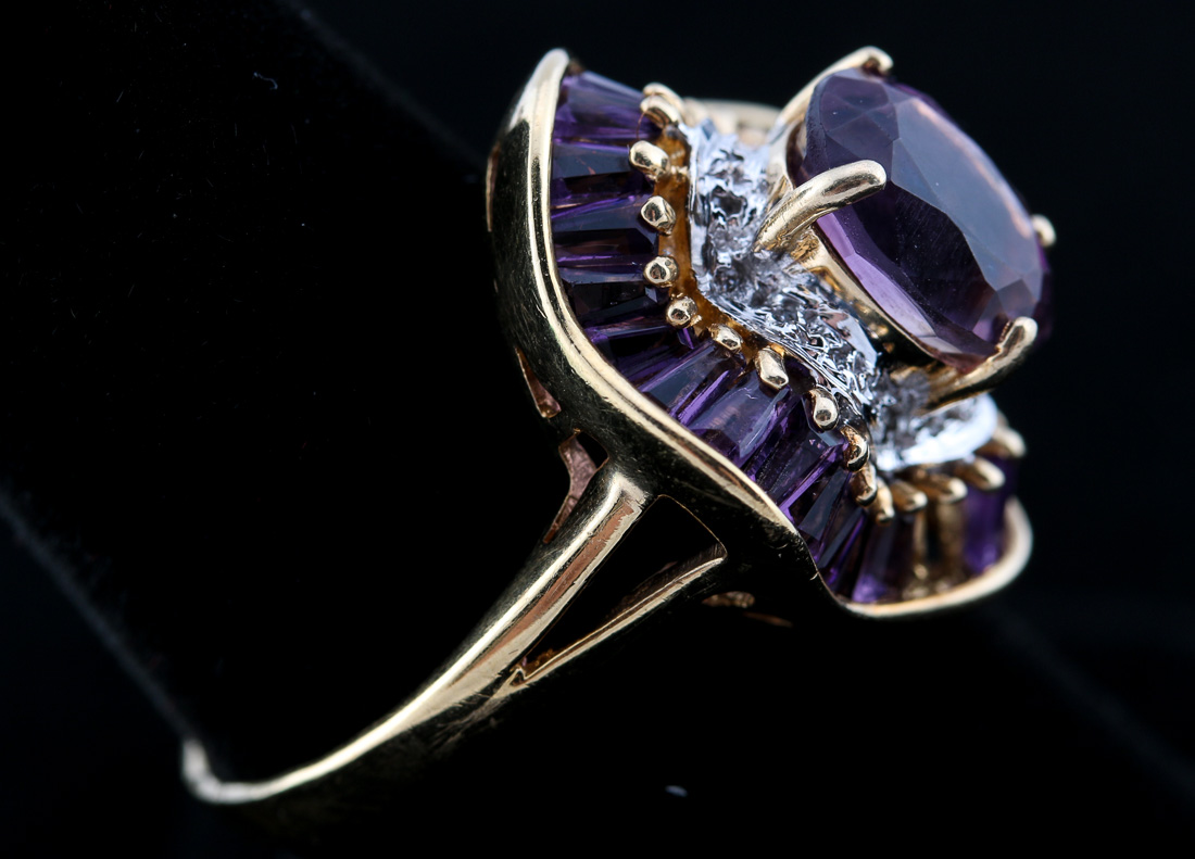 10K Yellow Gold Amethyst and Diamond Ring