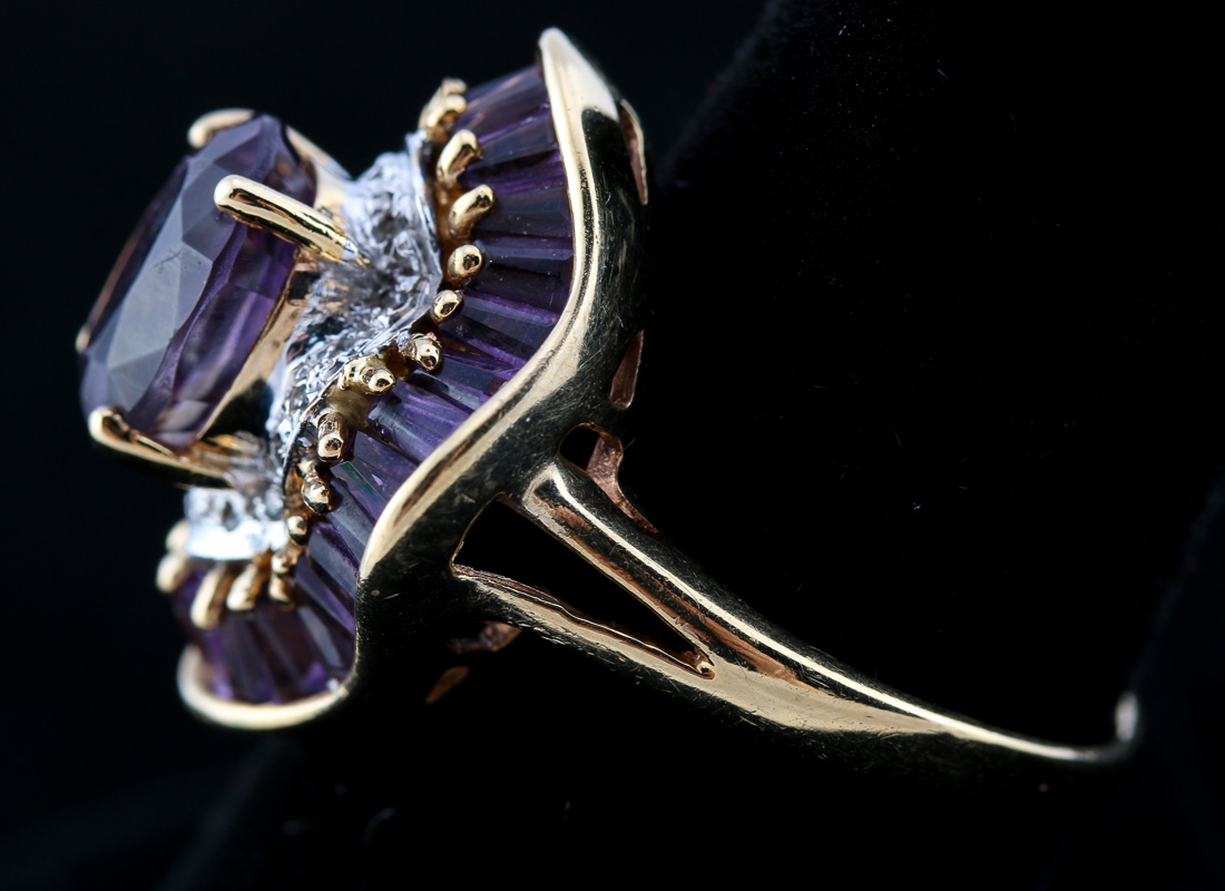 10K Yellow Gold Amethyst and Diamond Ring