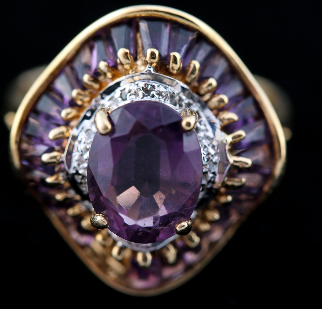 10K Yellow Gold Amethyst and Diamond Ring