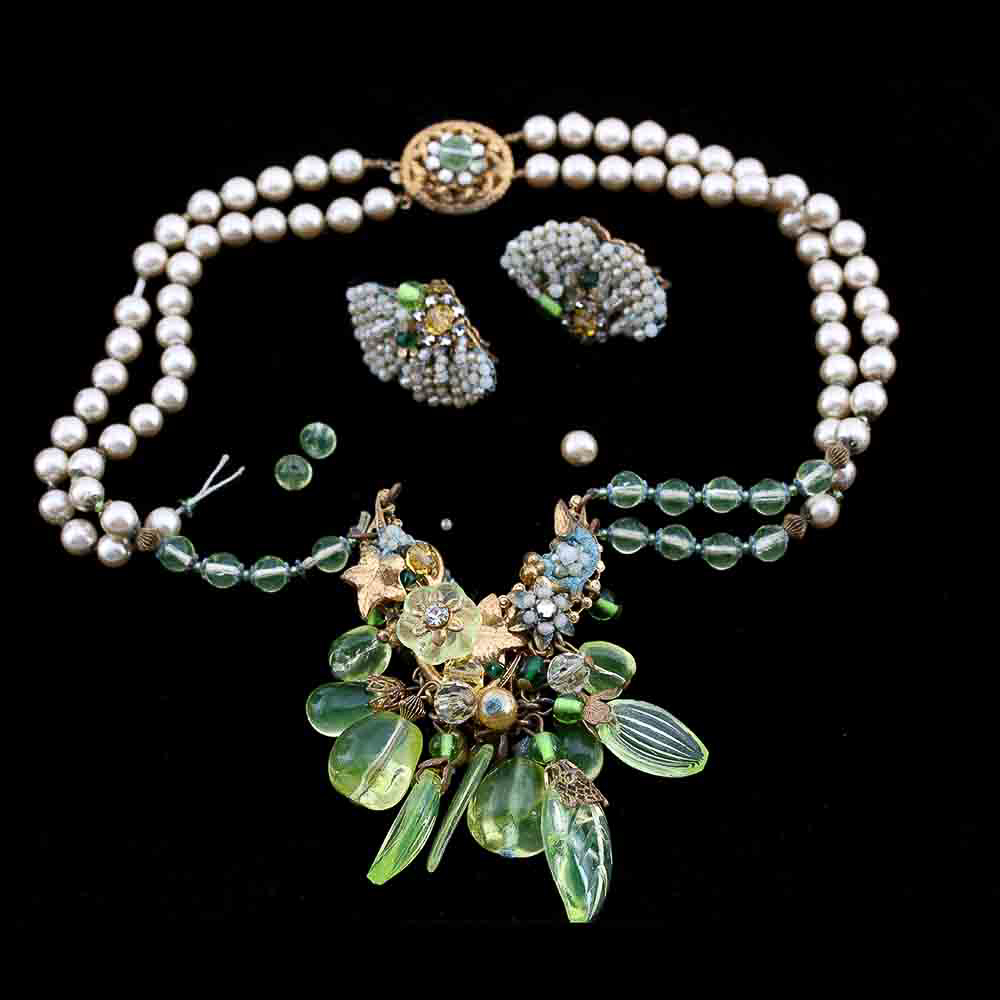 White Faux Pearl and Green Beaded Necklace and Earrings