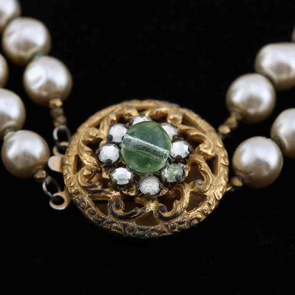 White Faux Pearl and Green Beaded Necklace and Earrings