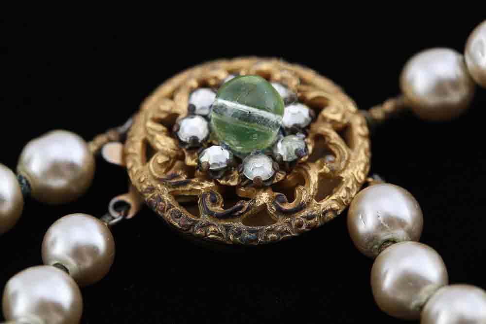 White Faux Pearl and Green Beaded Necklace and Earrings