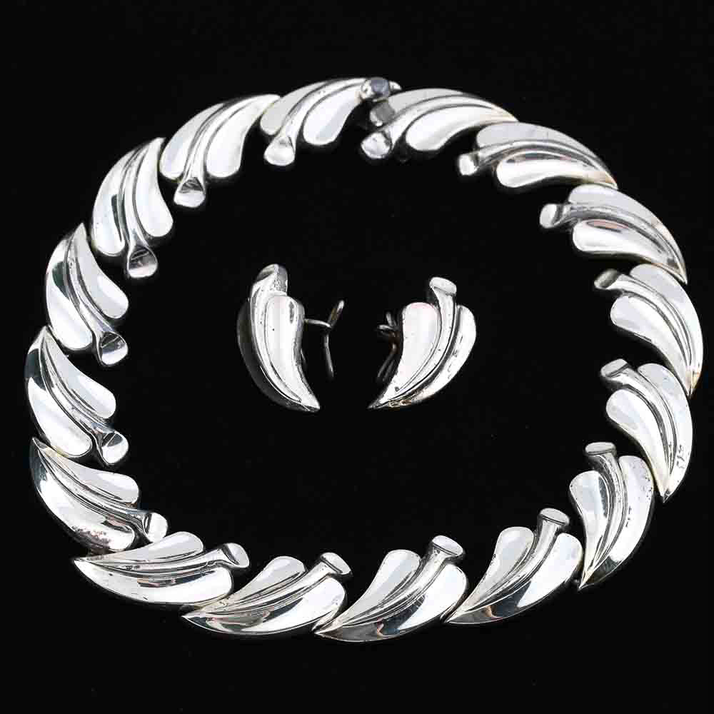 Antonio Pineda Taxco Mexican Silver Necklace and Scarf Ring Demi Parure