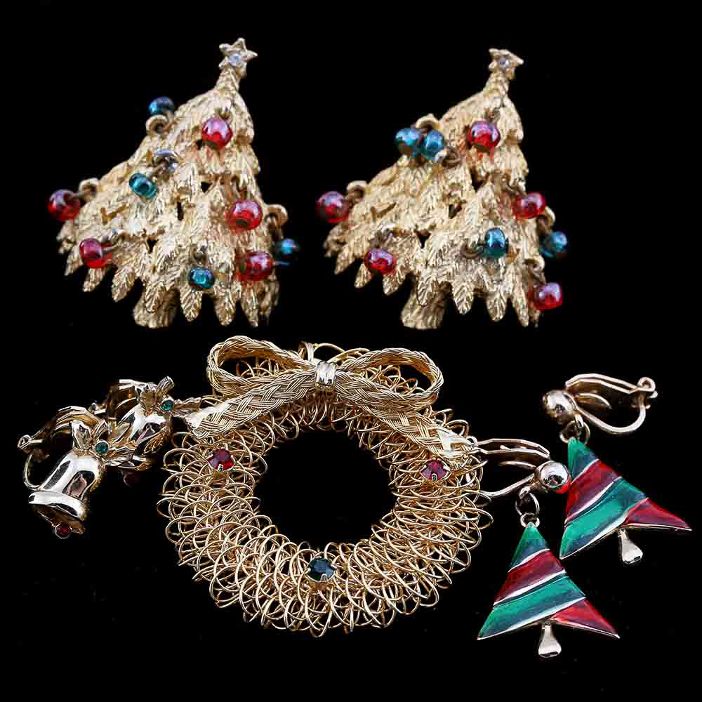 Assortment of Christmas Pins and Clip-On Earrings