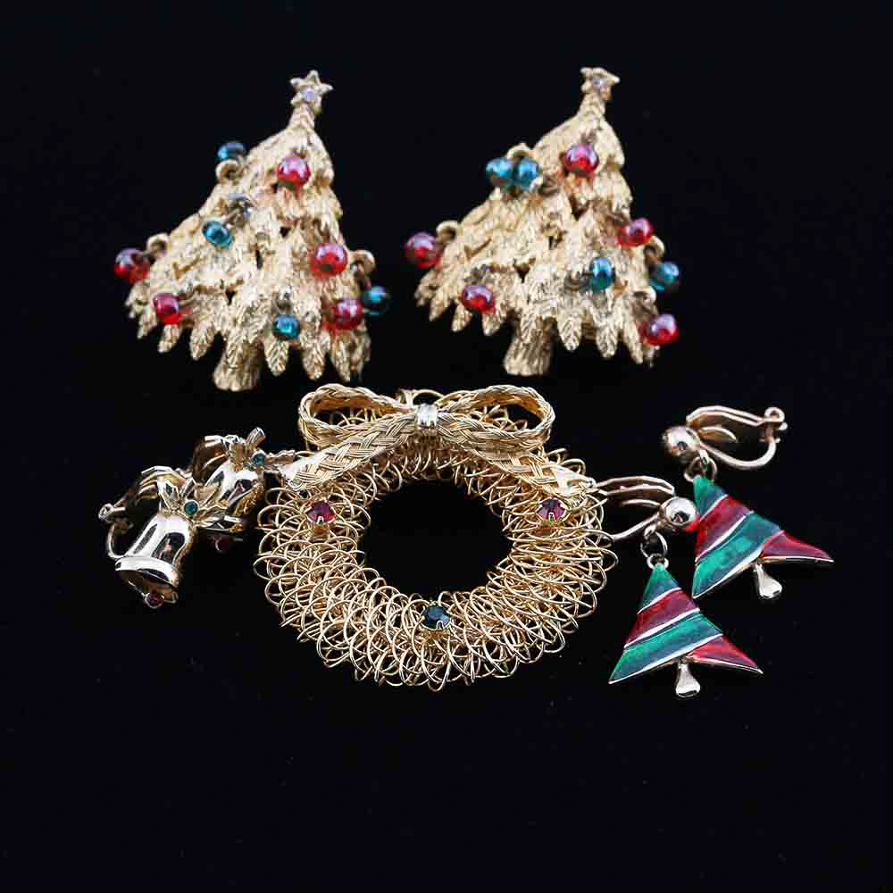 Assortment of Christmas Pins and Clip-On Earrings