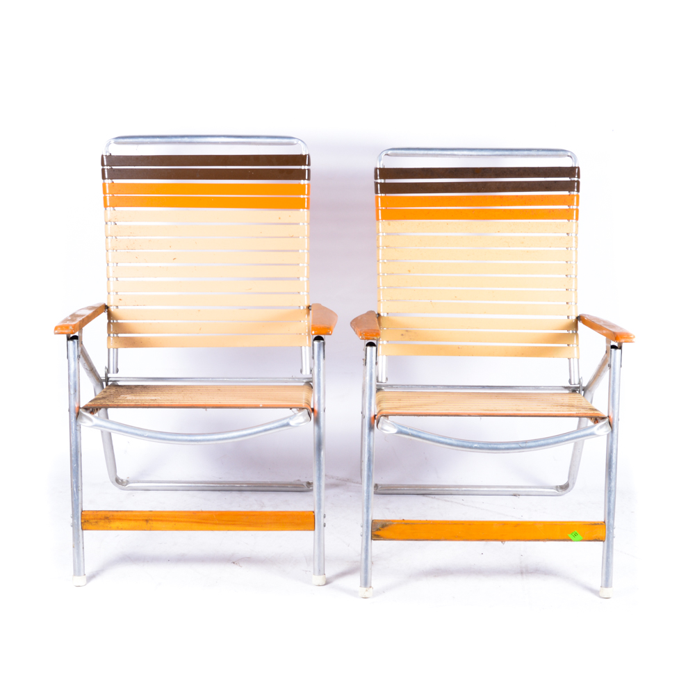 Pair of Tan Beach Chairs with Wood Armrests