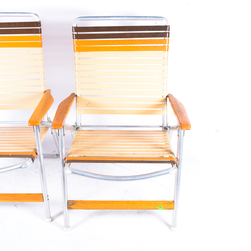 Pair of Tan Beach Chairs with Wood Armrests