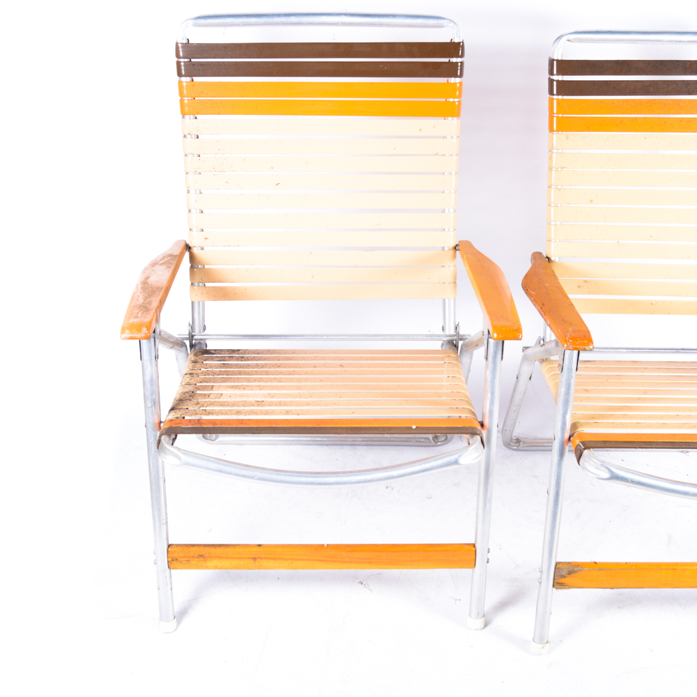Pair of Tan Beach Chairs with Wood Armrests